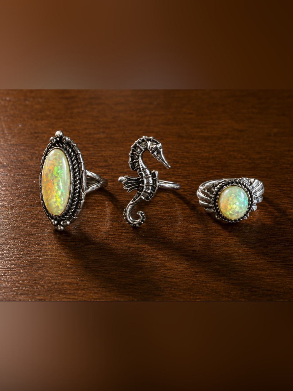 Silver tone Opal Oval Ring - Iridescent White silver tone seahorse
